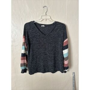 BIBI‎ Large Charcoal Gray Sweater Multi Color Sleeves Lot 2